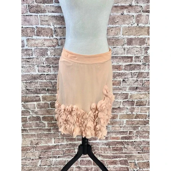 Talbots Silk Skirt 8P Petite Blush 3D Floral Rosette Hem Romantic Cottagecore - Picture 3 of 16